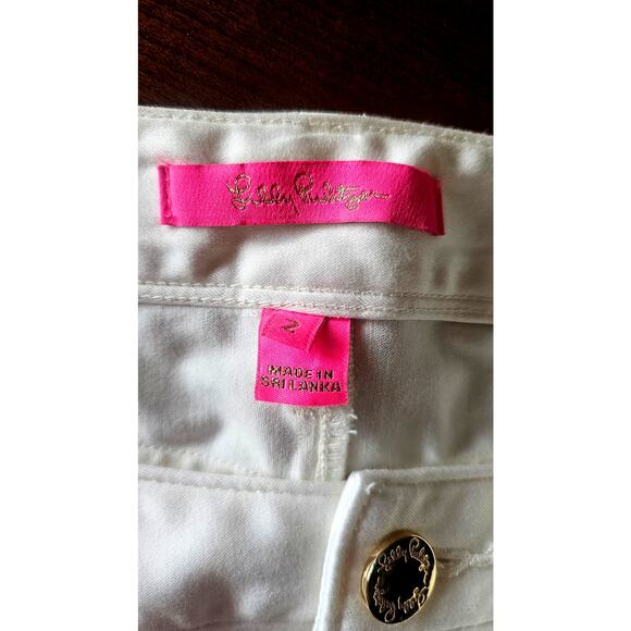 Lilly Pulitzer White Pants Jeans Gold Stud Trim. L emblem on back pocket, Sz 2 - Picture 5 of 10